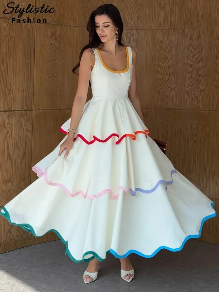 Moda contraste plissado maxi vestido feminino sexy u pescoço sem mangas cintura alta solto vestidos longos 2026 primavera verão senhora boho robe — image 2
