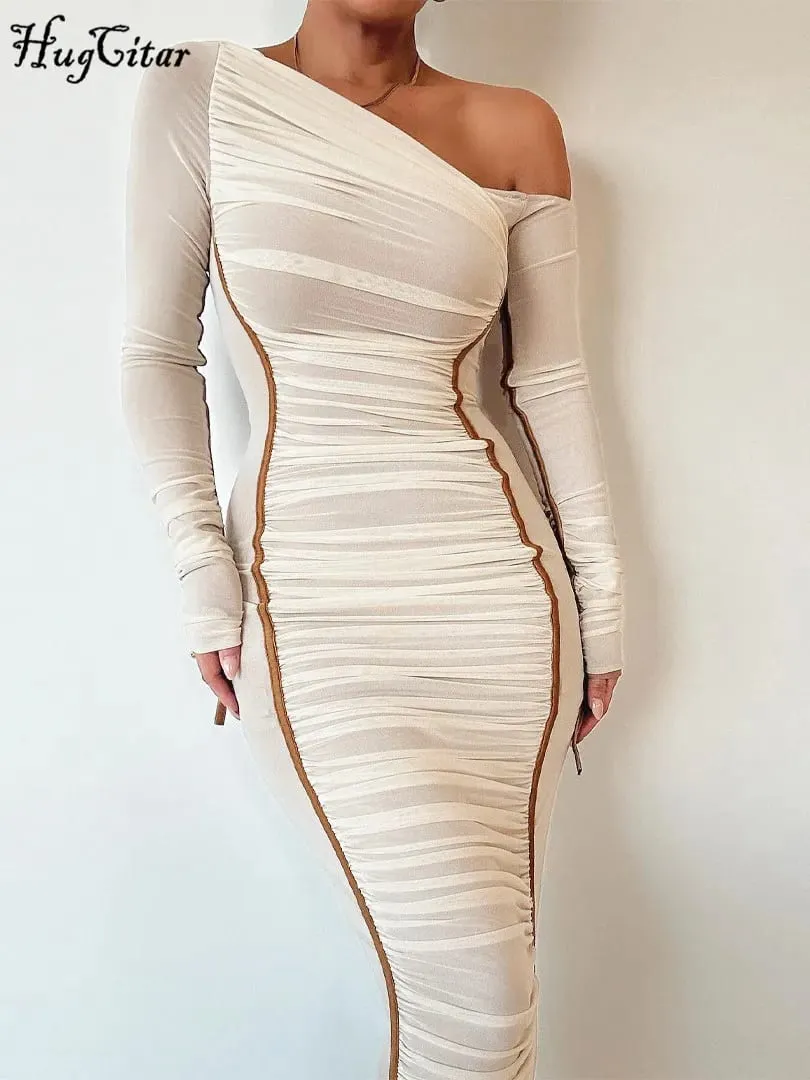 Hugcitar malha sólida gola diagonal manga longa drapeado sexy ver através bodycon maxi vestido verão moda roupas festival clube — image 2