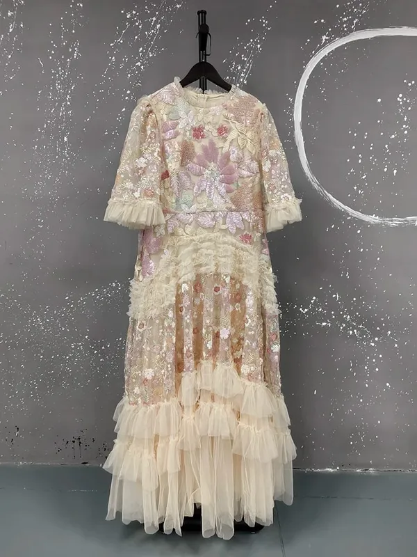 Moda rosa bordado lantejoulas vestido feminino em torno do pescoço babados meia mangas vestidos de comprimento no tornozelo novo 3a132