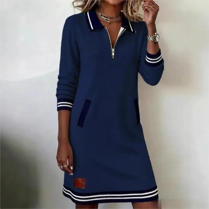 Autumn Winter Fashionable Versatile Women's Dress Casual Contrasting Color Splicing Lapel Long-sleeved Loose Dress With Pockets — image 3