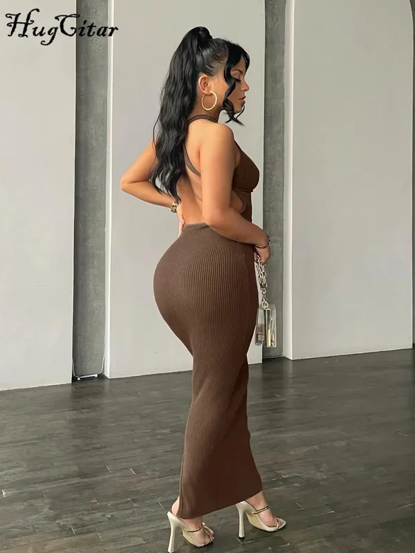 Hugcitar Ribbed Solid Hollow Out Backless Sleeveless Sexy Slit Mini Dress Bodycon 2025 Spring Women Outfits Elegant Party Y2K — image 3