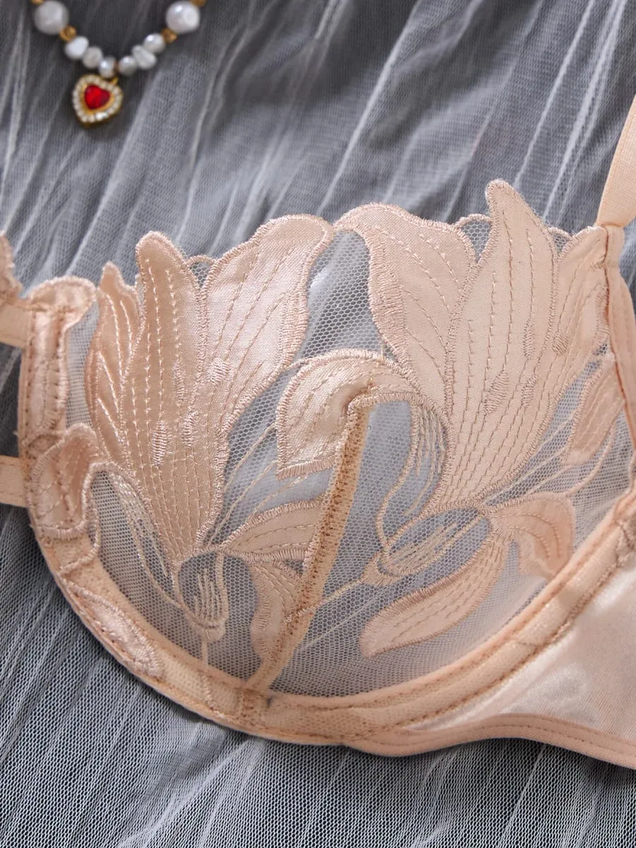 Conjunto de lingerie bordada floral champanhe, malha de cetim, sutiã fio dental, roupa íntima feminina, lua de mel, boudoir za824031 — image 4