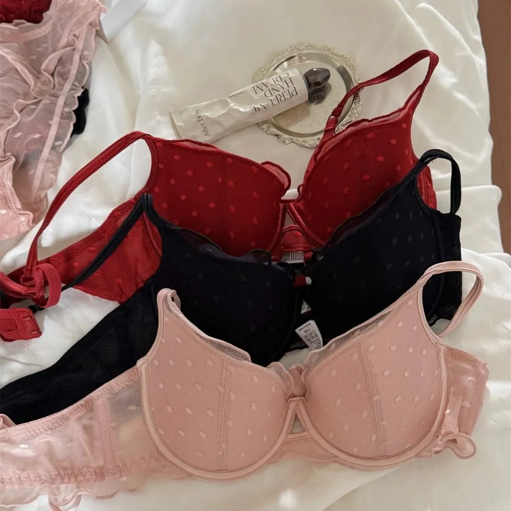 French Lace Women Underwear Sexy Hollow Thin Cup Push Up Bra Fashion Ladies Romantic Lingerie 4 Color Bras With Mesh Panties Set — image 7