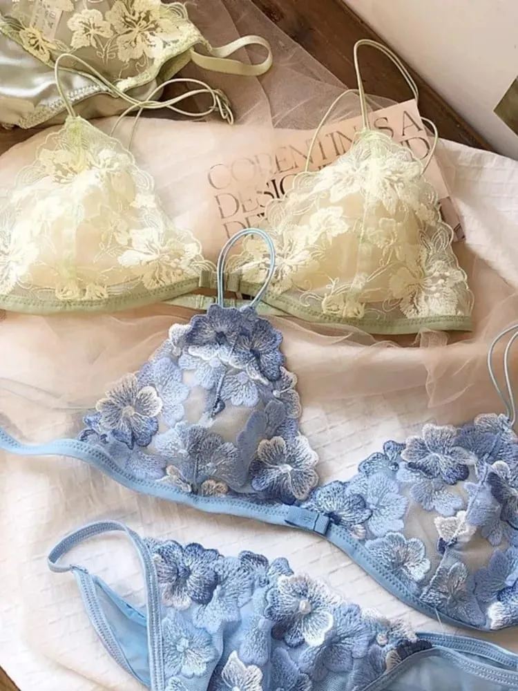 Set Lingerie Ceruk Perancis Bra Nirkabel Cup Segitiga Jaring Bordir Bra Nyaman Seksi Tipis Berenda Retro USA Tushy MOYISU — image 4