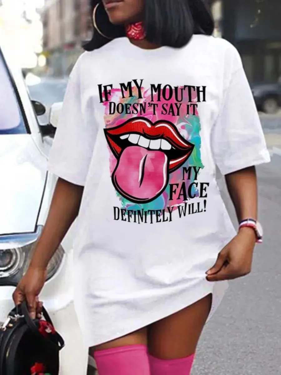 Kvinnor sommar avslappnat mode löst plus storlek bokstav läpptryck mönster tryckt kortärmad sommar T-shirt klänning — image 2