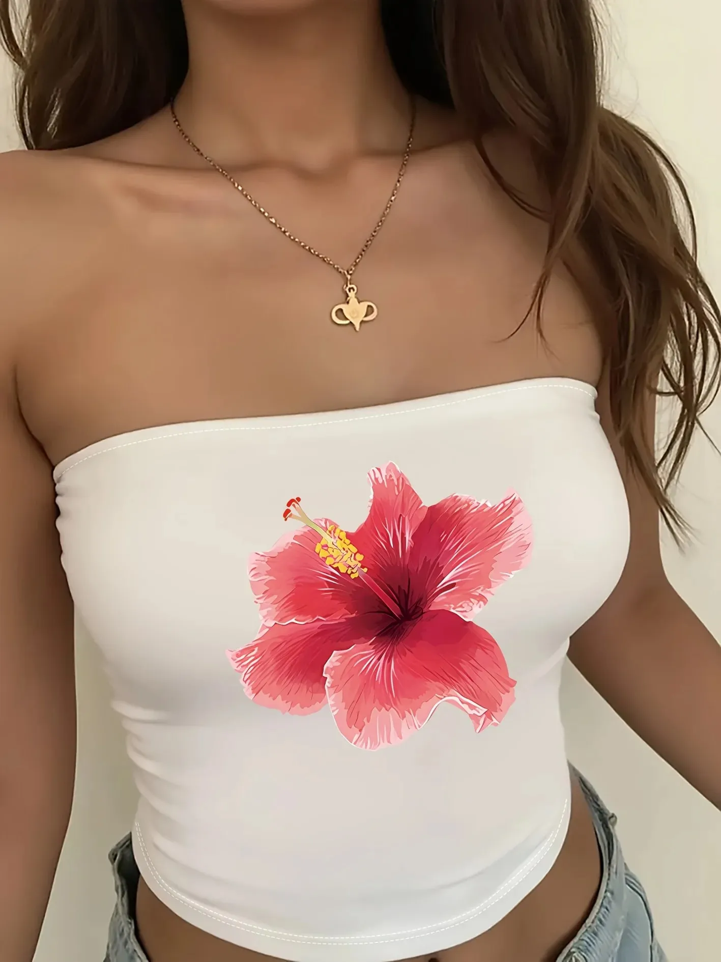 Graphic Tee Y2K Women'S Short Top with Flower Print Sexy Suitable for Summer and Casual Wear Summer Tube Top Strapless
