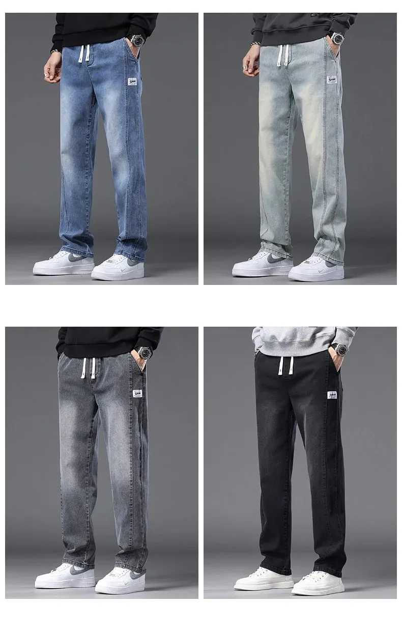 Autumn Winter Blue Jeans Men Drawstring Elastic Waist Cotton Cargo Denim Pants Work Fashion Thick Trousers Male Plus Size M-4XL — image 9