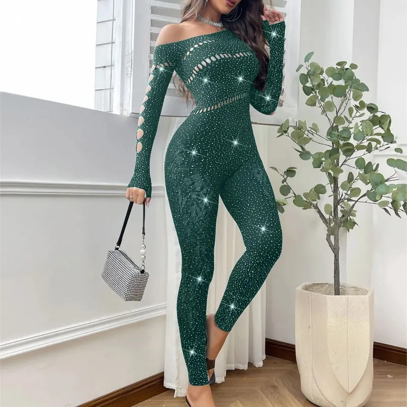 Women Sexy Mesh Rhinestone Jumpsuit Long Sleeve See Through High Stretch Body Stockings Jumpsuit Club Plus Size Stock Lingerie