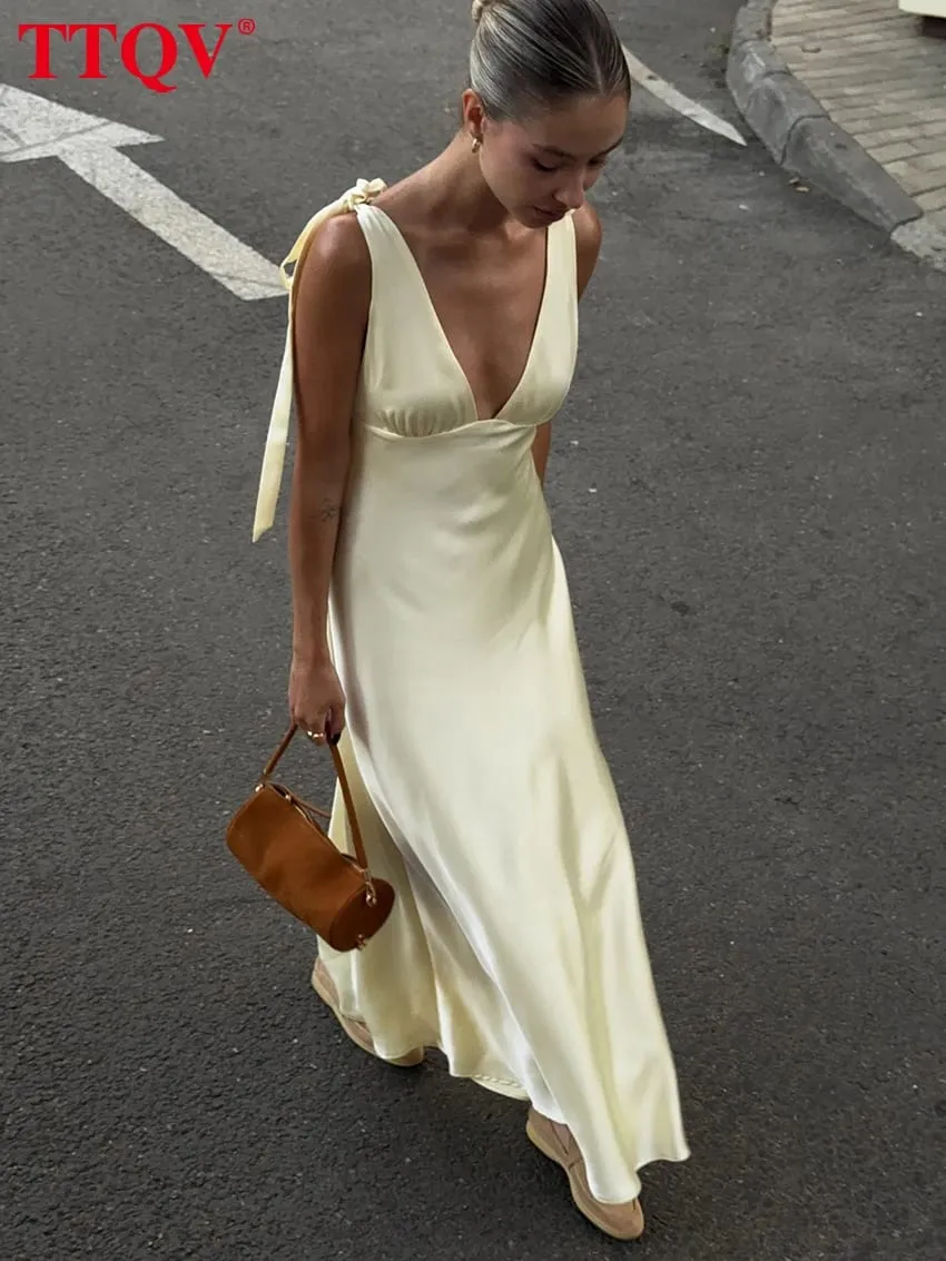 Sexy Loose Yellow Satin Women's Dress 2026 Summer V-Neck Sleeveless Maxi Dresses Elegant Classic Lace-Up Female Dress — image 4