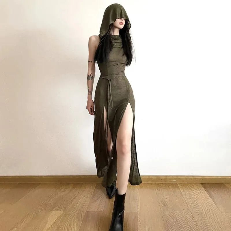 Goth Dark Cyber Gothic Desert Walker Hooded Klänningar Y2k Punk Grunge Hollow Out Midiklänning Dam Sexig Split Side Solid Streetwear — image 3
