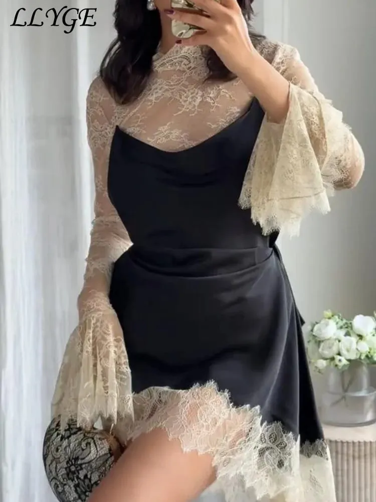 Elegante renda retalhos vestido curto feminino ver através de gola alta manga alargamento vestidos de festa 2025 outono senhora roupões de noite — image 4