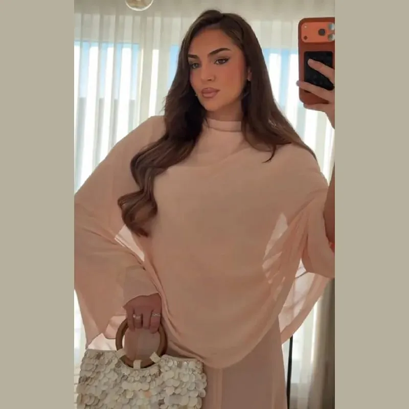 Women's Fashion Pink High Neck Cape Dress Elegant Loose Long Sleeve Flowy Maxi Dress 2026 Spring NEW Lady Evening Party Outfit — image 4