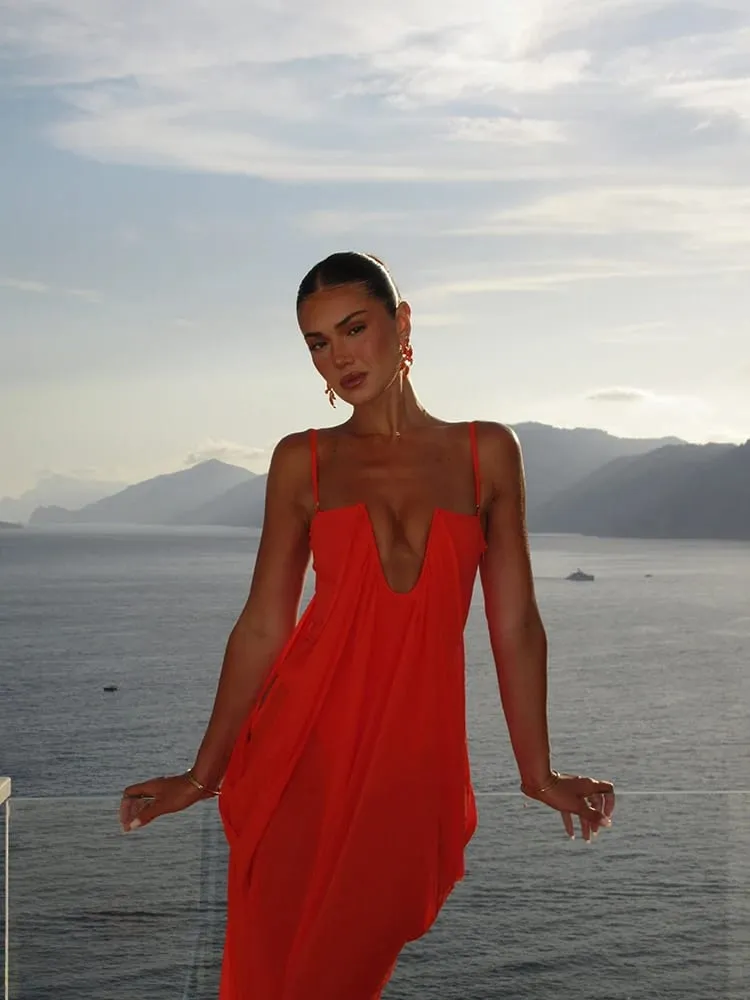 Vibrant Holiday Flowy Maxi Dress Deep U Chic Bohemian Chiffon Loose Fit Women Dresses Beach Vacation Summer Party Outfit — image 3