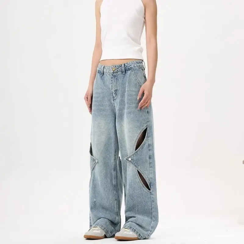 2025 New American style patchwork structure denim pants with holes men's and women's loose wide leg unisex straight leg jeans — image 6