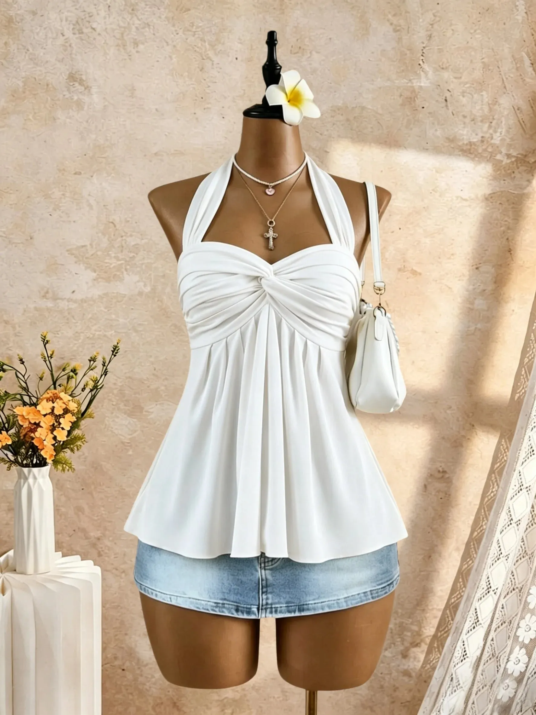 Women Halter Twist Front Sweetheart Neck Flared Peplum Camisole 2026 Summer Y2K Solid White Sleeveless Flowy Beach Vacation Tank — image 2