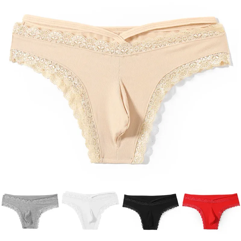 Herr Spetskant Sissy Gay Seamless Trosor Underkläder Medel midja Bulge Pouch Underkläder Solid Herrunderkläder med spetskant — image 1