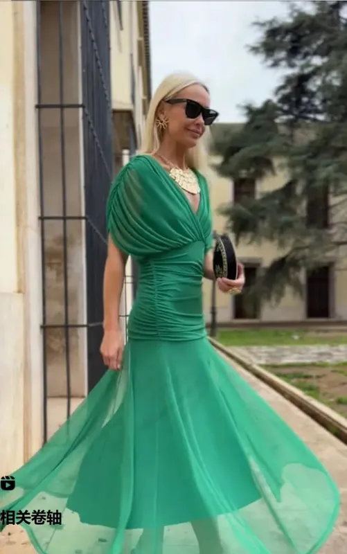 Women Solid Deep V-neck Mesh Long Dress Elegant Puff Short Sleeve Ruched Waist High Vestidos 2026 Summer Lady Casual Street Robe — image 10