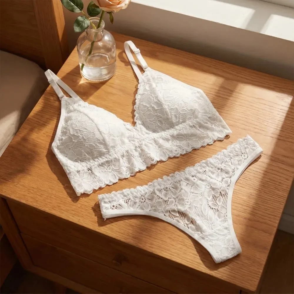 Floral Panties Bra Kit Lace Flower Thong Bra Set Low Waist Lingerie Romantic Night Gift Ladies V Neck Underwear for Women — image 6