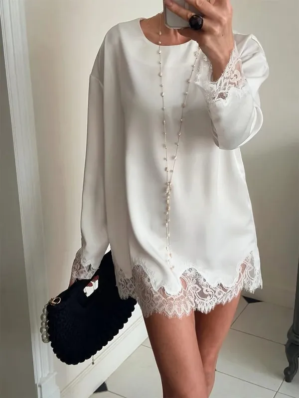 Pambabae Light Blue Lace Satin Round Neck Dress Elegant Side Tie Long Sleeve Soft Short Gown 2026 Daily Vacation Party Sundress — image 5
