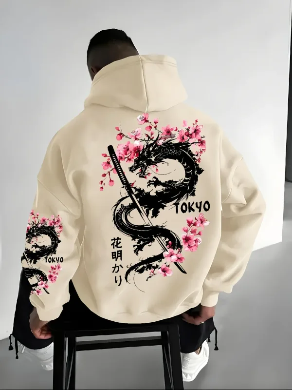 Bagong Men's Anime Dragon Cherry Blossom Printed Hooded Sweatshirt Winter Fleece Warm Casual Street Comfort Inspired Design Hoodie — image 2
