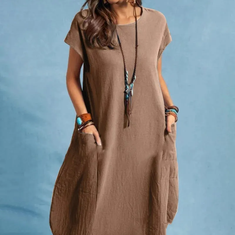 Summer Casual Cotton Dress for Woman O-Neck Short Cap Sleeve Loose Cotton Knee-Length Dress Vacation Day Wear Robes Femme — image 8