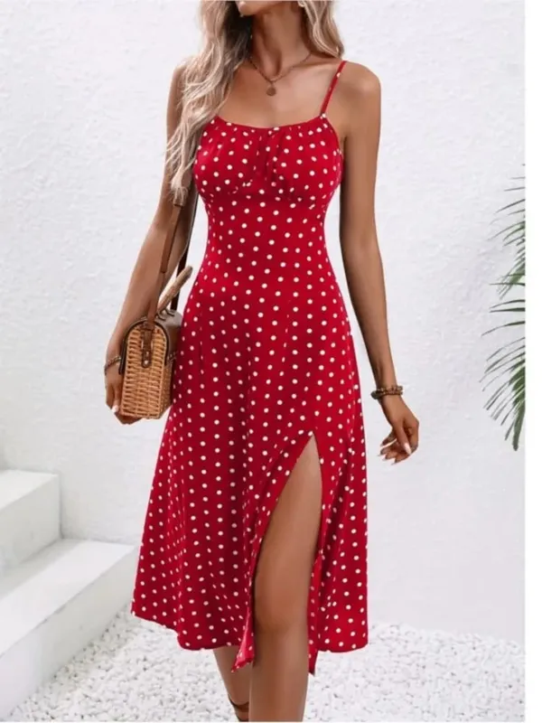 Ny sommar Sexig Spaghetti Straps Klänning Dammode Polka Dot Print Ärmlös slitsklänning Boho Casual Beach Midiklänningar — image 2