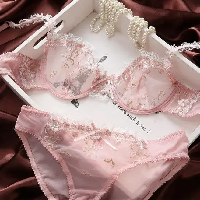 French Style Unlined Bra Set | Minimizer Lace Half Cup for Large Cup Size No Padding Thin Sheer Anti-Sagging Lingerie BANERDANNI — image 9