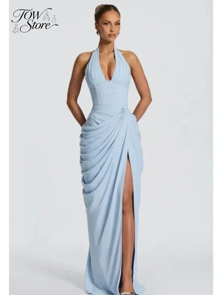Elegant Solid Pleated Halter Women's Dress Fashion Sleeveless Backless Waist-cinching Split Maxi Dresses Summer Party Gowns 2026 — image 5