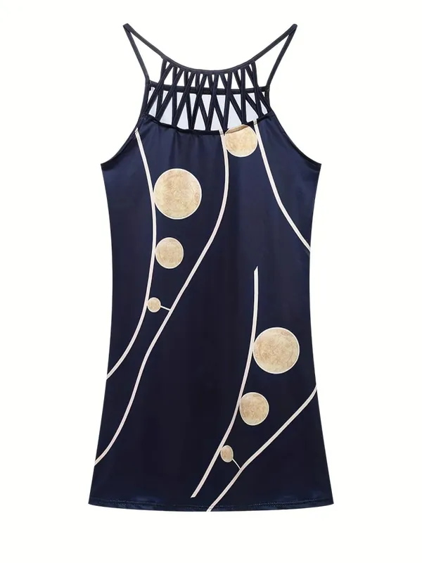 2026 New Spring and Summer National Wind Positioning Printing Mesh Belt Sleeveless Casual Dress