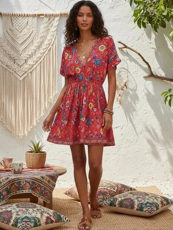 Vintage Chic Dam Peacock Blommönster Djup V-ringad Bohemian Mini Klänningar Dam Kortärmad Happie Beach Boho Klänning Vestidos — image 7