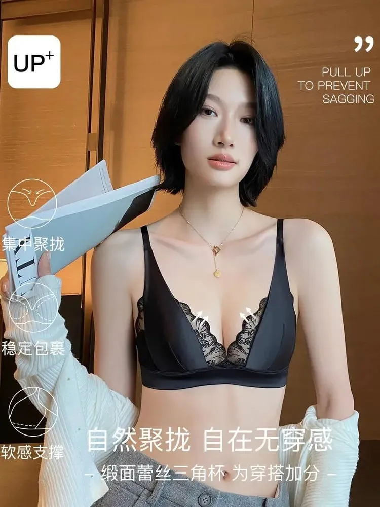 Sutiã sexy de verão Sin Aros Lingerie francesa Encaje Triangulo Pecho Pequeño Bralette Suave Puro Deseo Saten MOYISU 32-38-S-XL AB — image 5