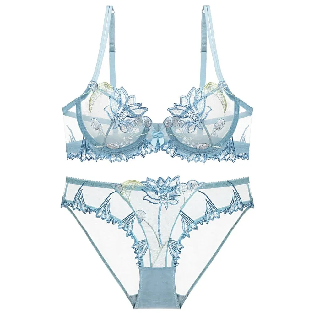 Sexy Lace Flowers Embroidery Bra Set Ultra Thin Breathable Steel Ring Bralette Lingerie French Underwear Set70-90 B C D — image 3