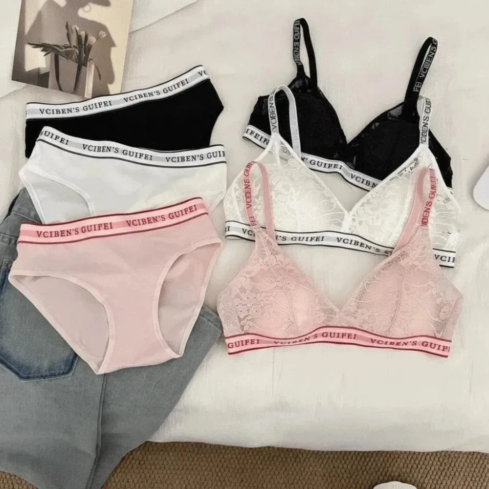 Fashion Letter Design Lingerie Set Deep V Wireless Women Underwear Suit Lace Color Blocking Bra Panties Set Gift — image 3