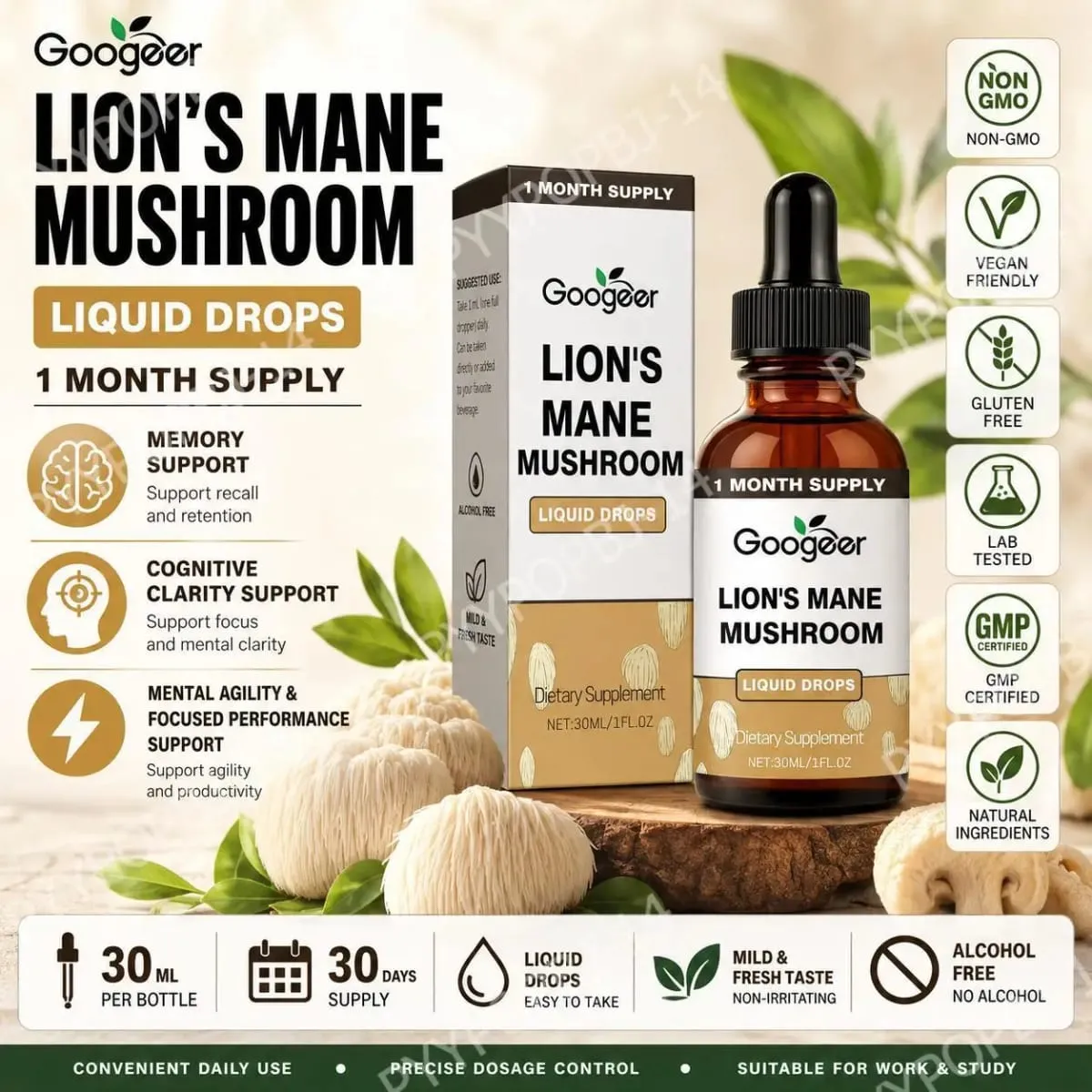 Googeer Lion's Mane Cogumelo Líquido Gotas de Memória e Suporte de Foco para Clareza Cognitiva Agilidade Mental Sem Álcool 30 ML — image 1
