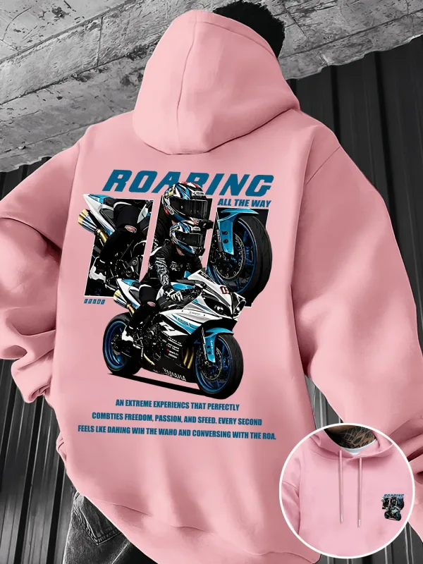 Winter and Autumn Men's Street Fashion Hooded Sweatshirt with "motorcycle" Print Pattern Fleece for Outdoor Warm Cozy Feeling — image 2