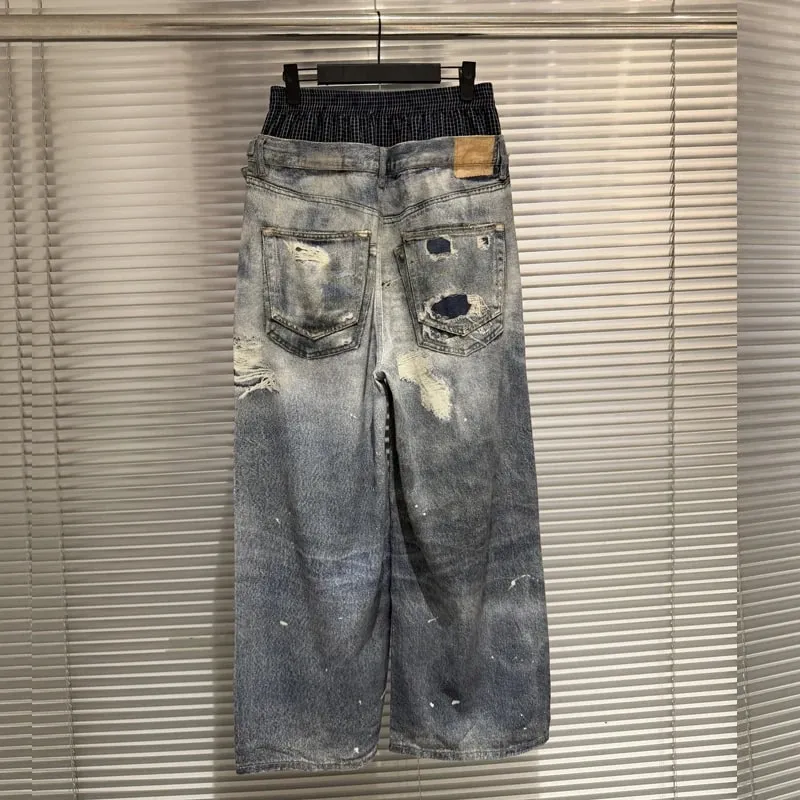 Trend Fashion Street Style Fake Two Piece Double Waist 3D Printed Digital Printed Ripped Baggy Protocol Index Jeans — image 8