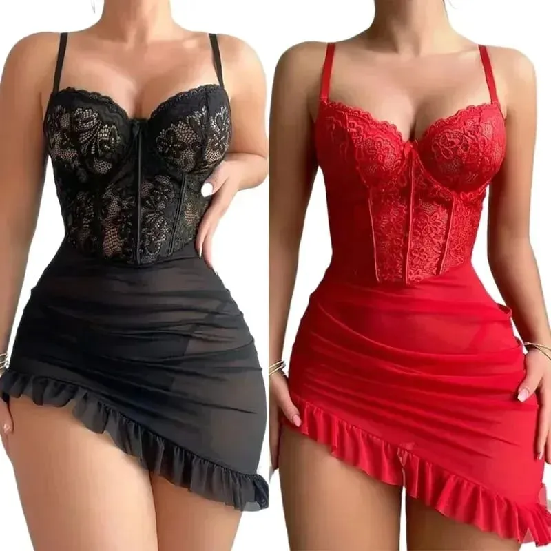 Women Fashion Lace Transparent Mini Dress Sexy Sling Bag Hip Dress Summer Sleeveless Dress Holiday Party Women's Gift — image 1