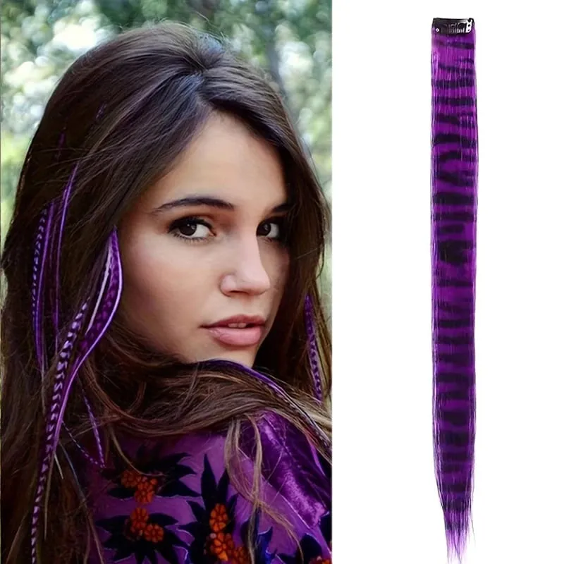 Rainbow Colored Feather Clip In Hair Extensions 18inch Synthetic Hair Piece Y2K Fashion For Women Girls Cosplay Party Halloween