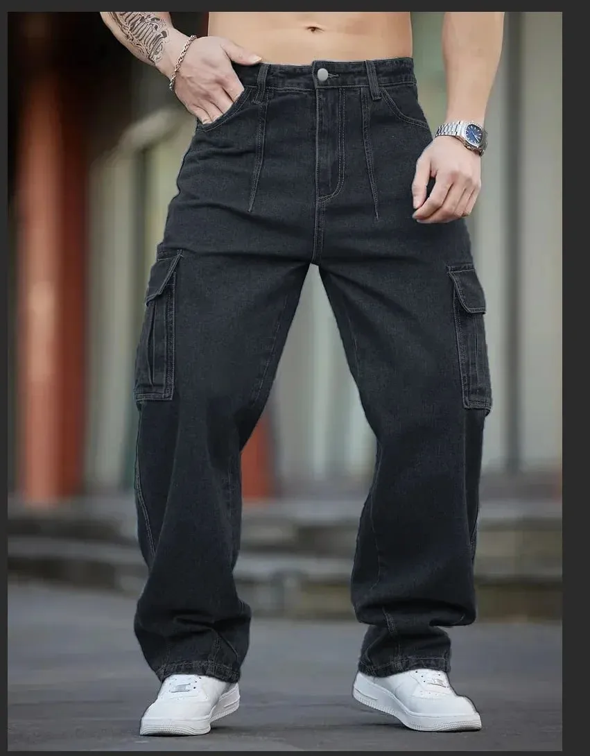 Men's Deep Blue Washed Denim Workwear Jeans Casual Multiple Pockets Design Loose Wide Leg Trousers Y2K Style Cargo Pants — image 2