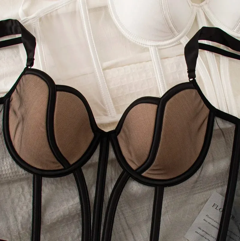 Sexy lingerie women's vest style small chest with steel ring thin bralette large size ladies long bra breifs set — image 4