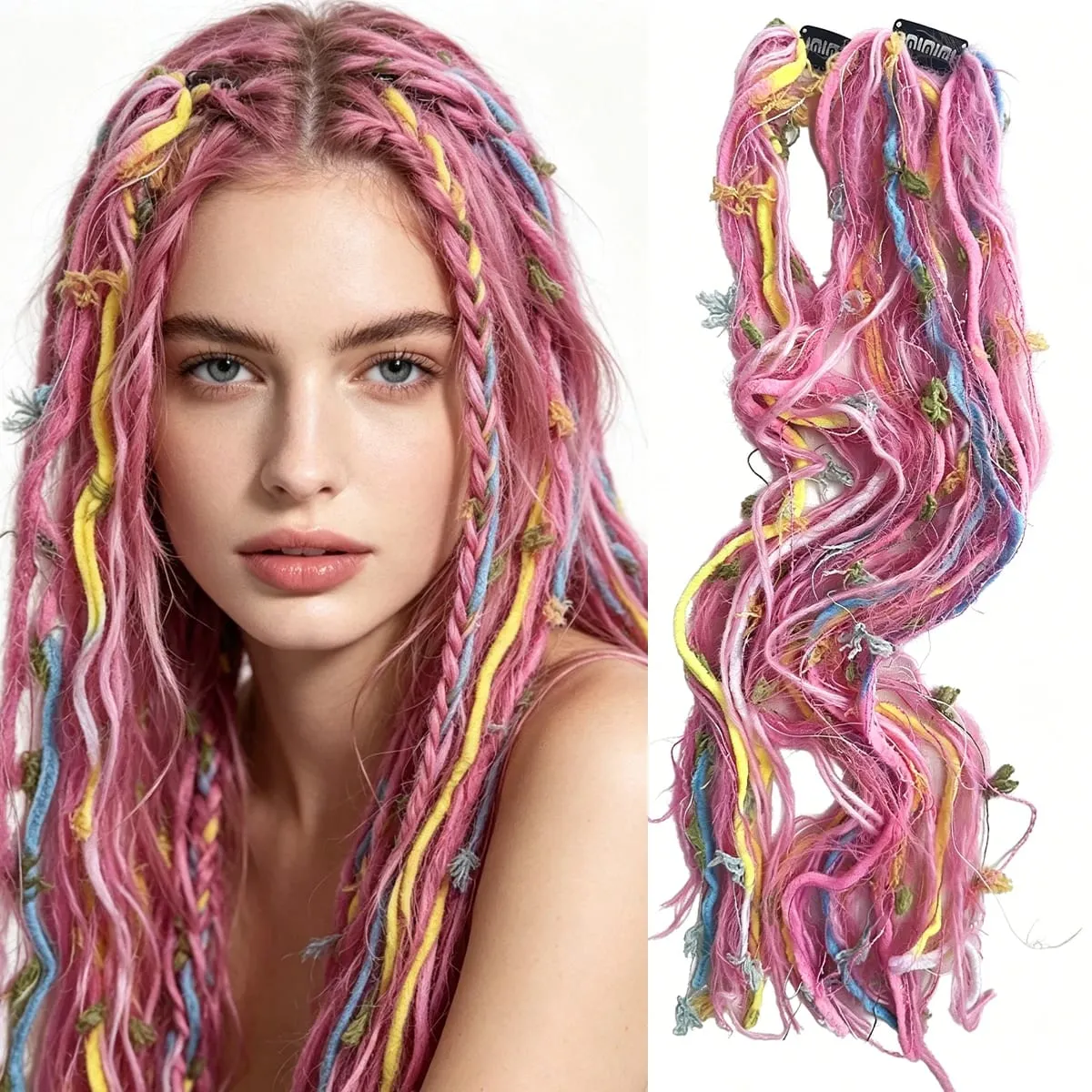 Synthetic Clip In Pastel Pink Macaron Faux Locs Hair Extensions Handmade Textured Straight With HairPieces For Women Daily Party — image 2