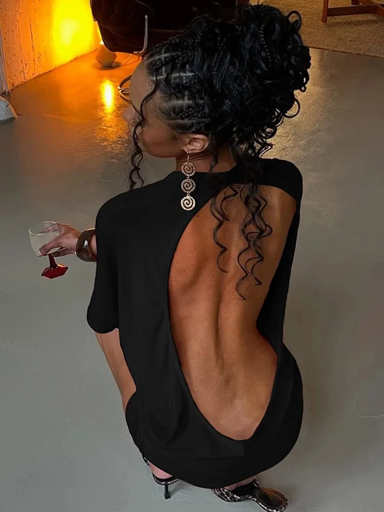 Nibber o-pescoço sexy sem costas mini vestido feminino y2k sólido tendência estilo meia manga picante meninas rua meia-noite moda magro outfits — image 2