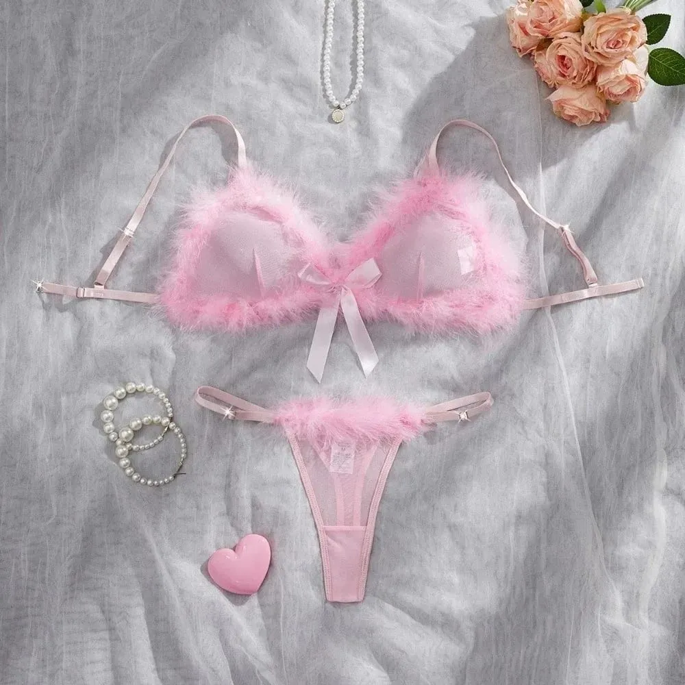 Furry Women's Underwear Mesh Transparent Wireless Lingerie Set Bow Decor Romantic Intimate Bra Panties Suit Anniversary — image 1