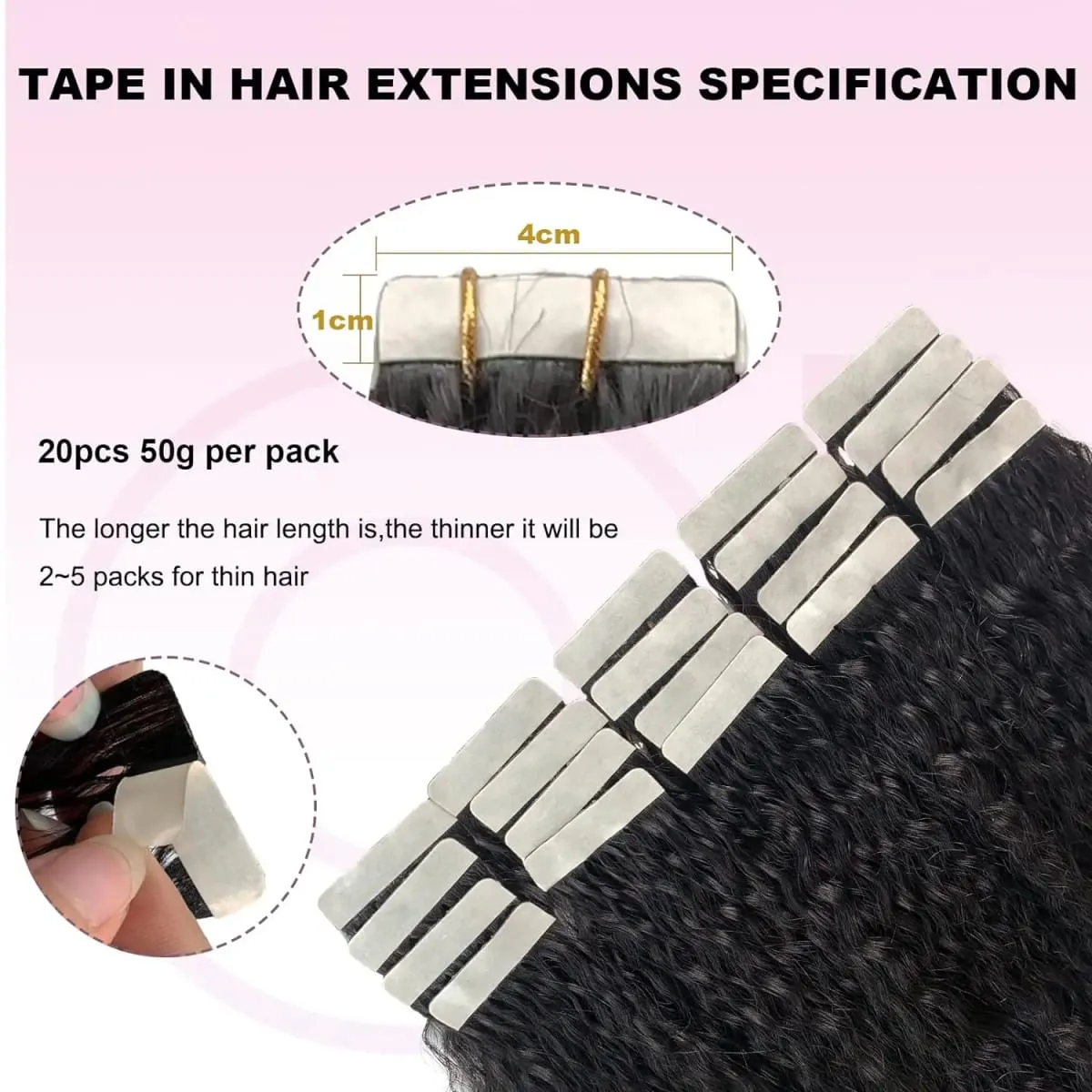 24 26 Inch Kinky Straight Tape In Extensions Brazilian 100% Human Hair 50G/20Pcs Natural Black Seamless Full Head Yaki Tape ins — image 5