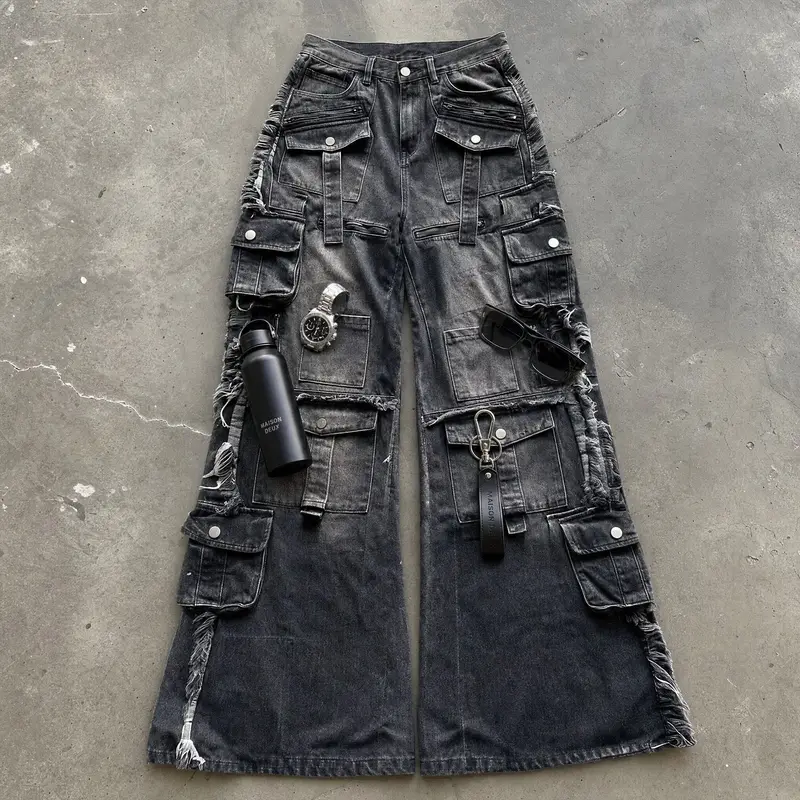 Y2K Black Multi Pocket Cargo Jeans Men Women Wide Leg Distressed Frayed Hem Flap Pockets Button Detail Baggy Streetwear Trousers — image 2