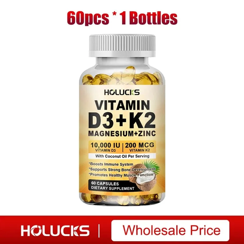 Vitamin D3 K2 Capsule with Coconut Oil Promotes Strong Bones for Teeth Heart Cardiovascular Health Magnesium+Zinc Supplement