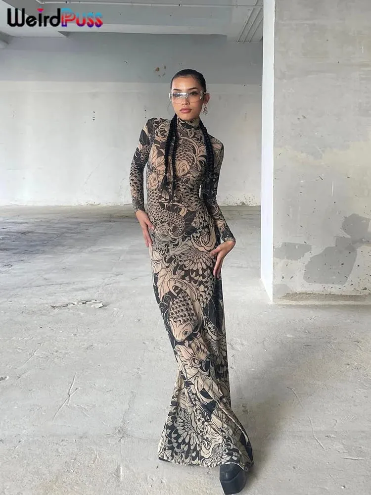 Weird Puss Mesh Print Women Maxi Dress Turtleneck Full Sleeve Bodycon Autumn Trendy Hipsters High Street Party Y2K Attirewear — image 4