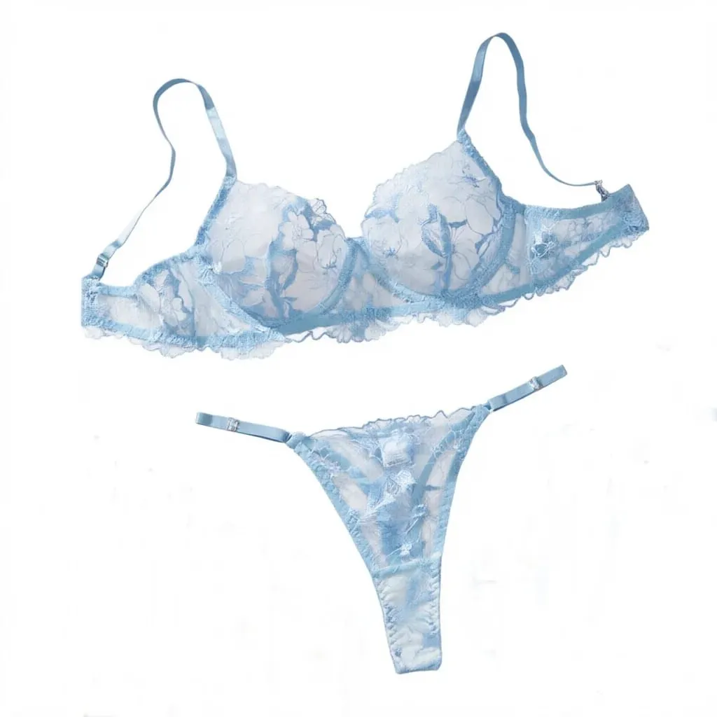 Transparent Underwear Thong New Fashion Sexy Lingerie Set Embroidery Romantic Bra Brief Set Lace See Through Blue Exotic Sets — image 1