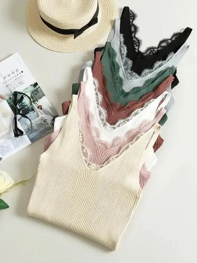 2026 Summer Casual Tops Solid Stitching V-neck Camis Women Hook Flower Lace Tank Female Knitted Short Slim Sleeveless Shirt — image 4