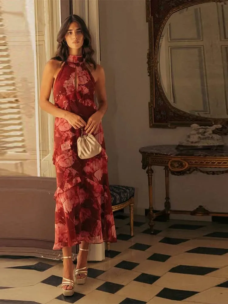 Floral impressão halter pescoço recorte maxi vestido em camadas plissado sem mangas 2026 verão feminino vestido de férias moda boho senhora vestido — image 2